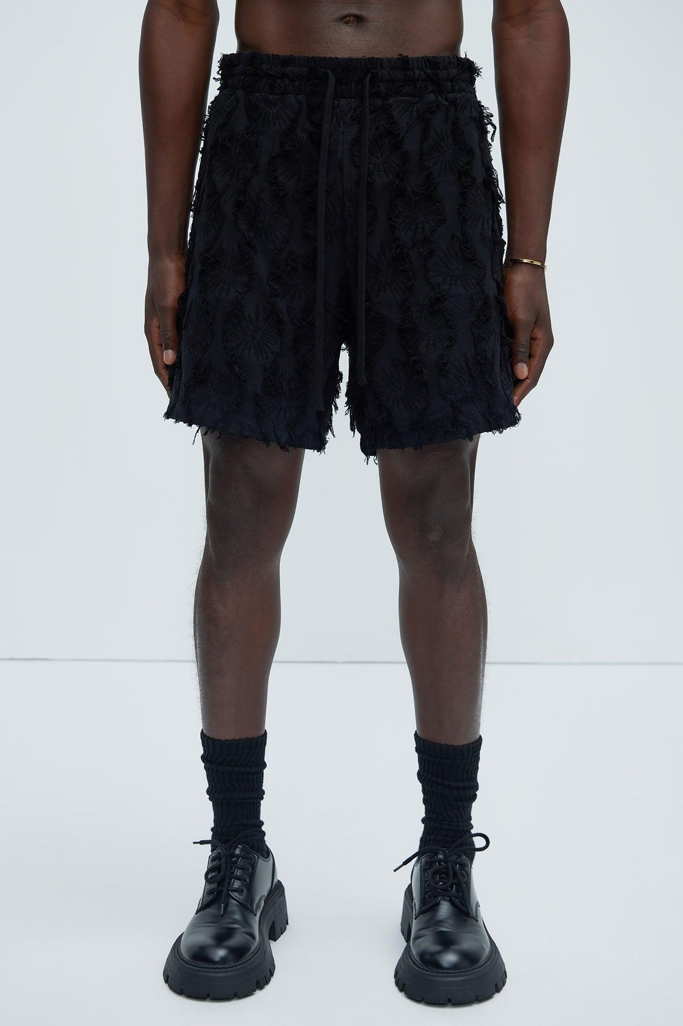 Frayed Jacquard Linen Shorts - Black Product Image