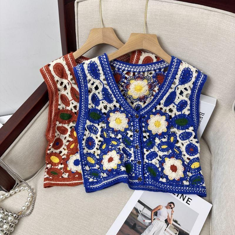 V-Neck Floral Crochet Vest Product Image