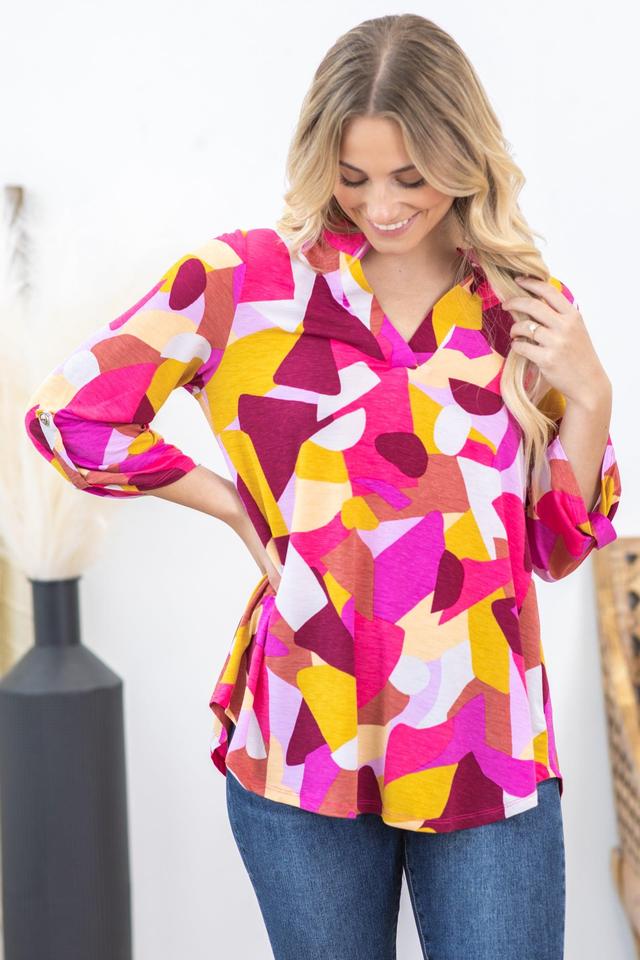 Hot Pink Geo Print Wrinkle Free Lizzy Top Product Image