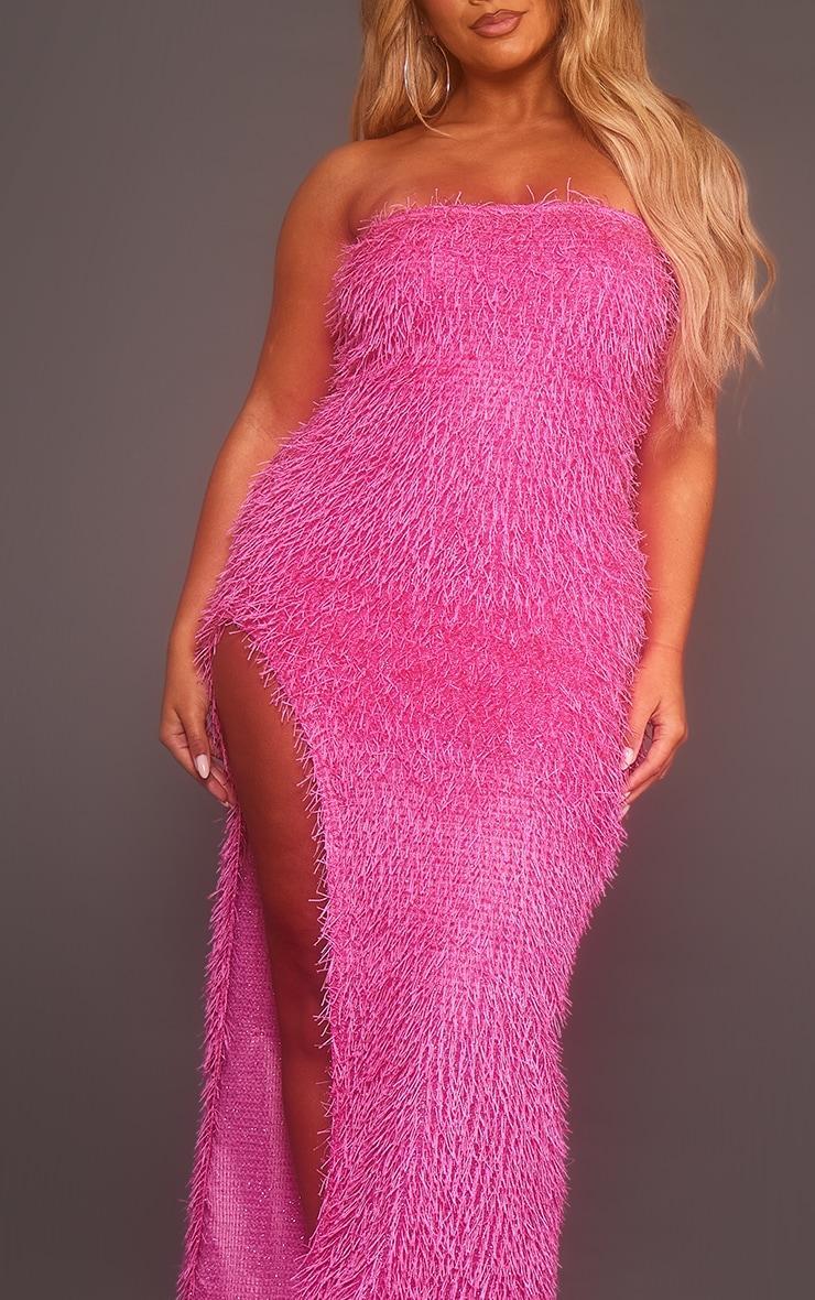 Shape Hot Pink Faux Feather Glitter Bandeau Split Side Maxi Dress Product Image