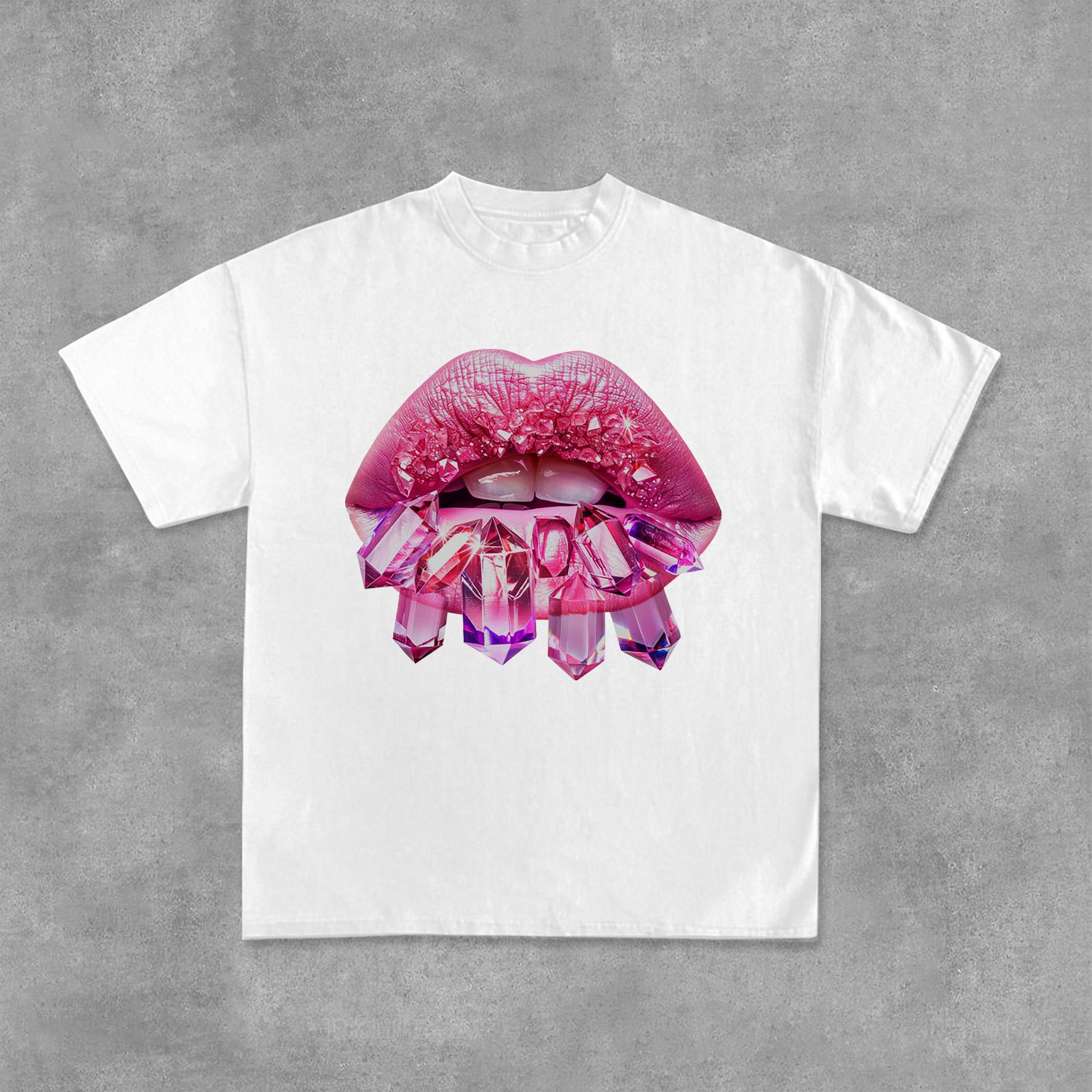 Diamond Lips Graphic Print Casual Cotton T-Shirt Product Image