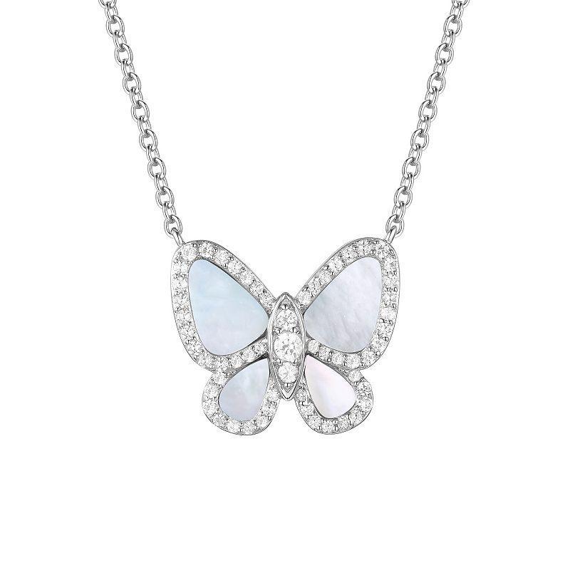 Sterling Silver Mother-Of-Pearl & Lab-Created White Sapphire Butterfly Pendant Necklace, Womens Product Image