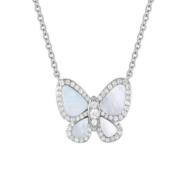 Sterling Silver Mother-Of-Pearl & Lab-Created White Sapphire Butterfly Pendant Necklace, Womens Product Image