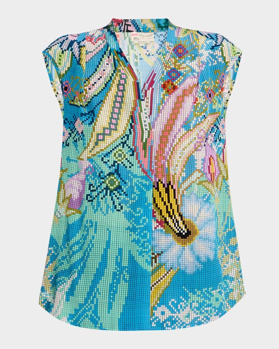 Digital-Print V-Neck Cap-Sleeve Silk Blouse Product Image