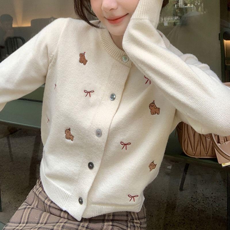 Crew Neck Bow Embroidered Button Cardigan Product Image