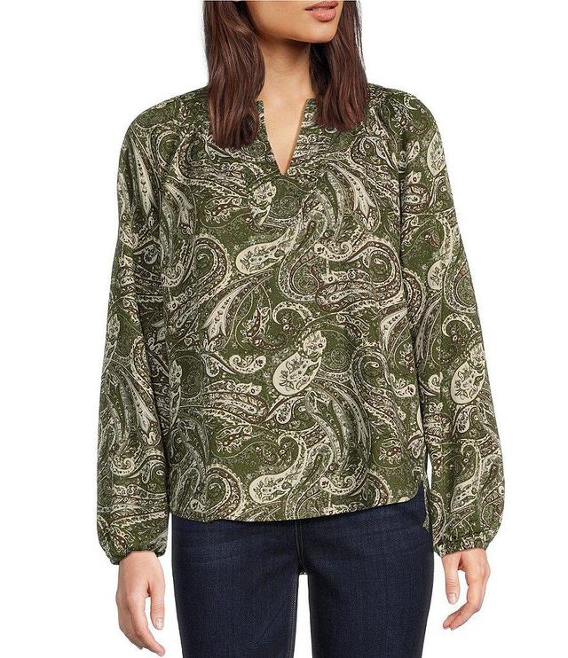 Westbound Ivy Arabesque Print Long Sleeve Split V-Neck Embroidered Top Product Image