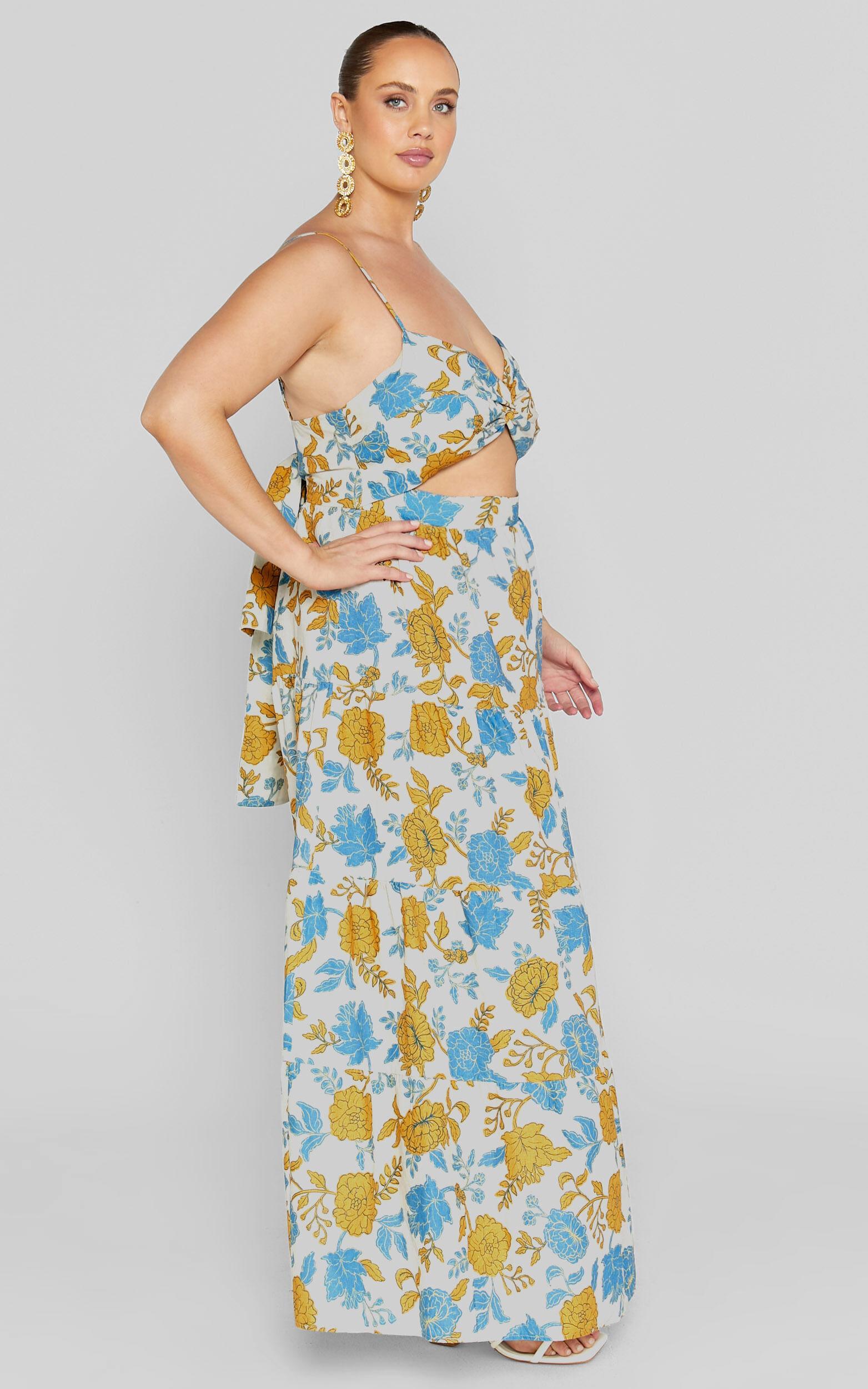 Amalie The Label - Emerita Linen Blend Sweetheart Twist Front Tie Back Midi Dress in Valencia Floral Product Image