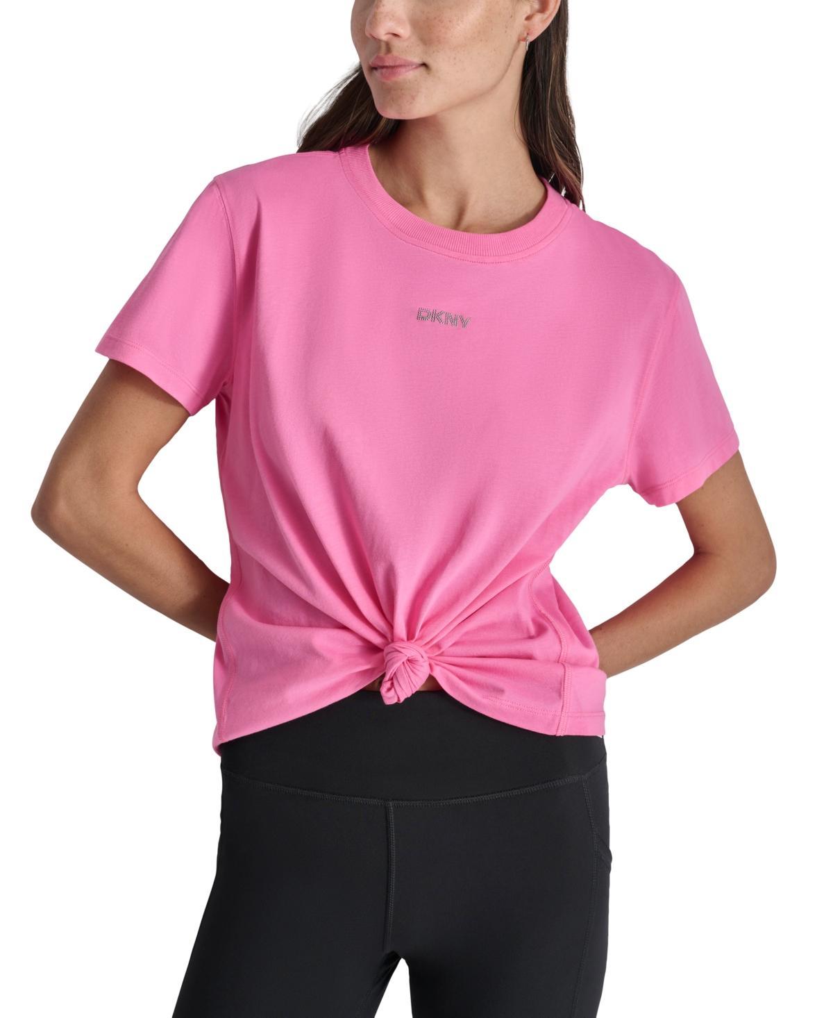 Dkny Sport Womens Cotton Rhinestone-Logo Knot-Front T-Shirt Product Image