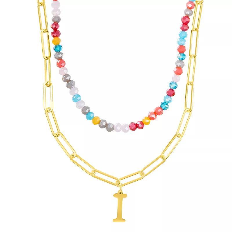 Adornia Gold Tone Adjustable Layered Color Simulated Stone Beads & Paperclip Chain Initial Necklace, Womens product image