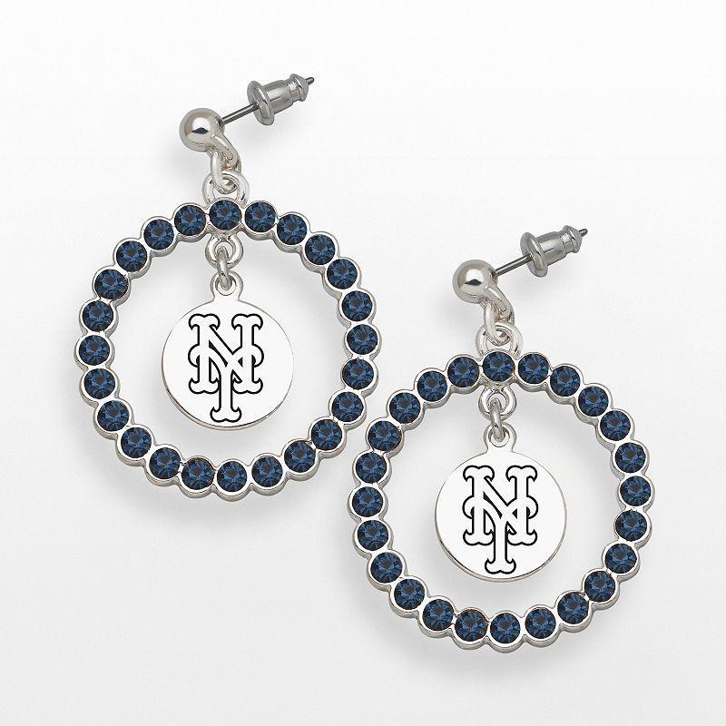 LogoArt New York Mets Silver Tone Crystal Logo Charm Hoop Drop Earrings, Womens, Montana Blue Product Image