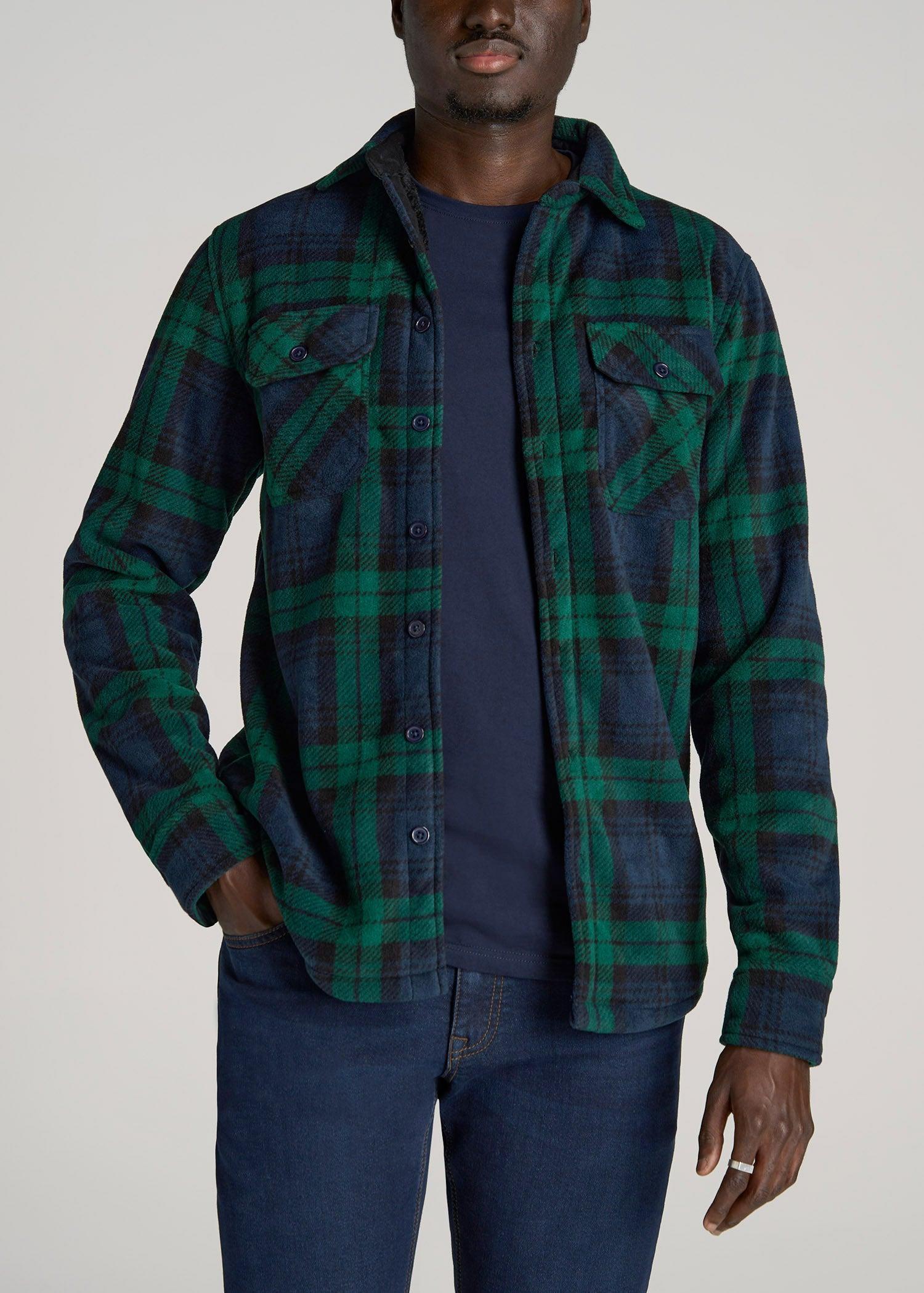 Sherpa-Lined Fleece Overshirt for Tall Men in Dark Blue & Green Plaid Product Image