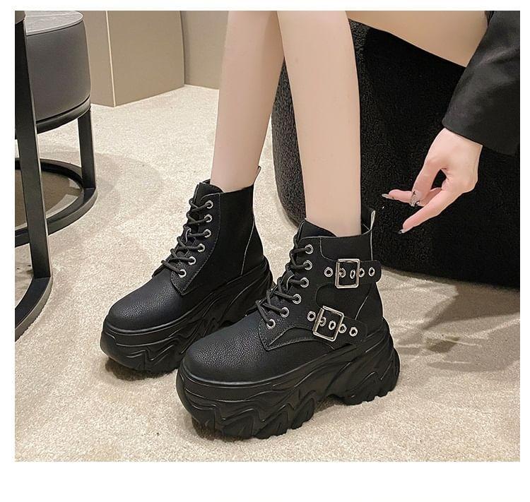 Platform High Top Buckled Lace-Up Sneakers Product Image