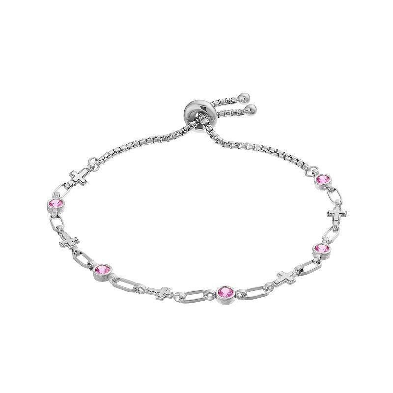 Kristen Kesho Sterling Silver Lab-Created Pink Sapphire & Cross Link Adjustable Bolo Bracelet, Womens Product Image