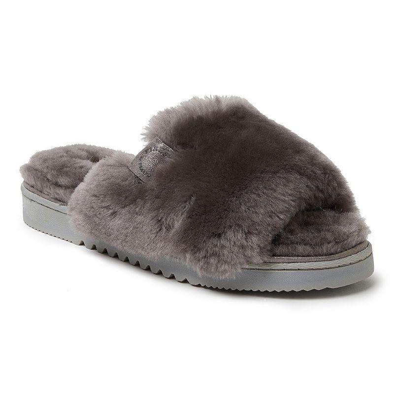 Fireside by Dearfoams Cairns Genuine Shearling Womens Slide Slippers with Metallic Suede Trim Black Product Image