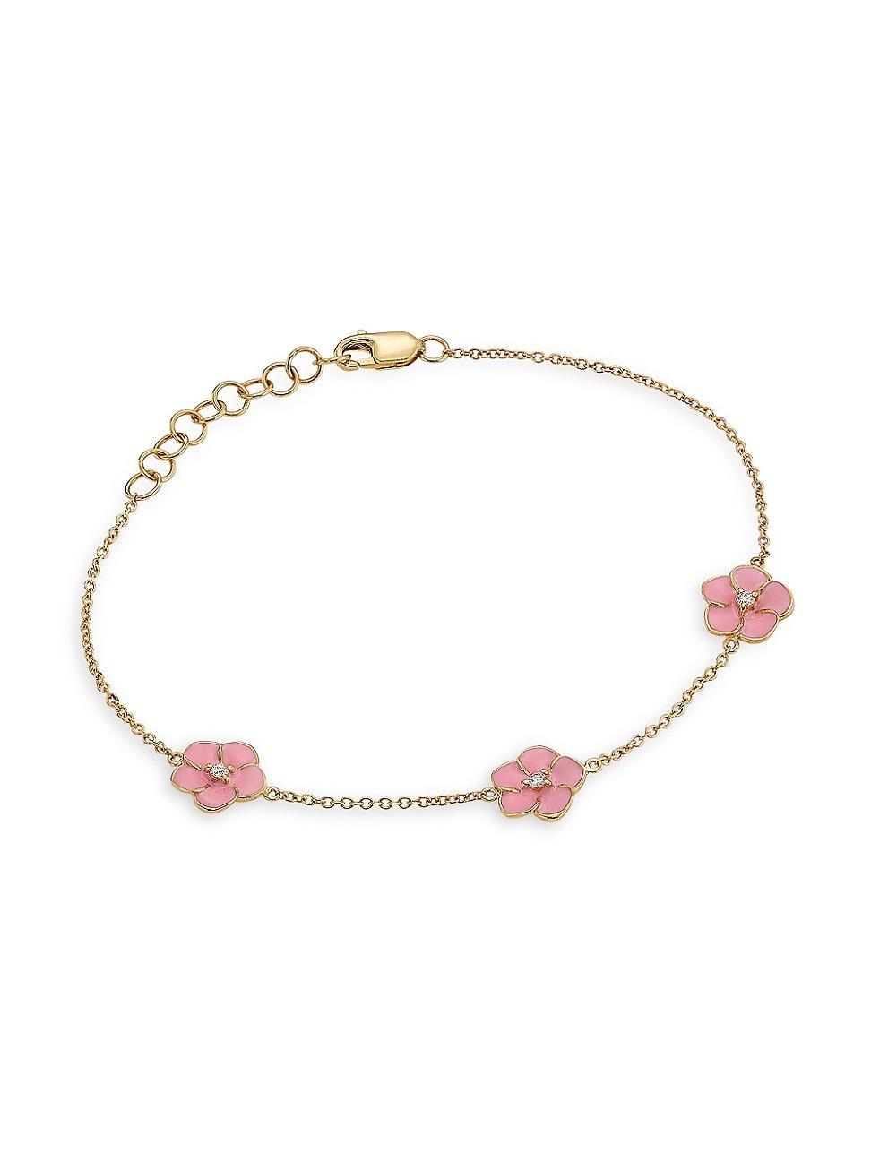 Womens 14K Yellow Gold, Enamel, & 0.05 TCW Diamond Flower Bracelet Product Image