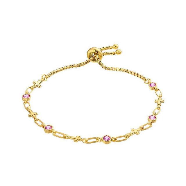 Kristen Kesho Sterling Silver Lab-Created Pink Sapphire & Cross Link Adjustable Bolo Bracelet, Womens Gold Tone Product Image