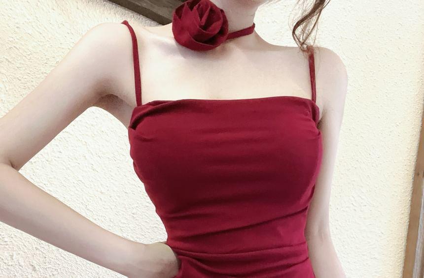 Set: Spaghetti Strap Plain Asymmetrical Mini Bodycon Dress + Flower Choker Product Image