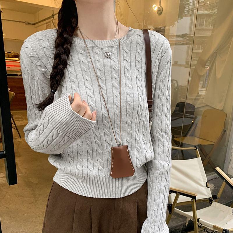 Round Neck Plain Cable Knit Cropped Sweater Product Image