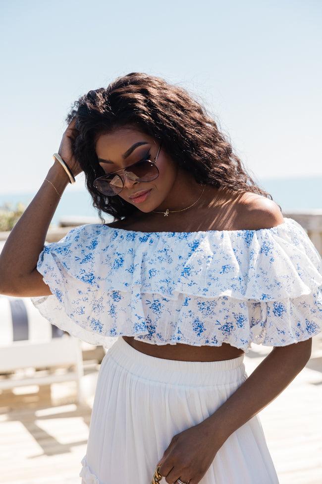 Swaying In A Breeze Blue And Ivory Floral Printed Linen Blouse Product Image