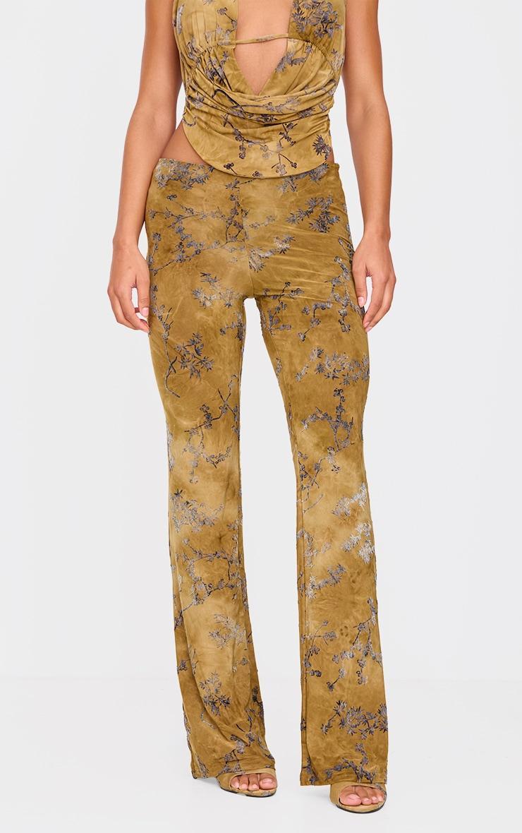 Olive Floral Print Devore Slim Flare Pants Product Image