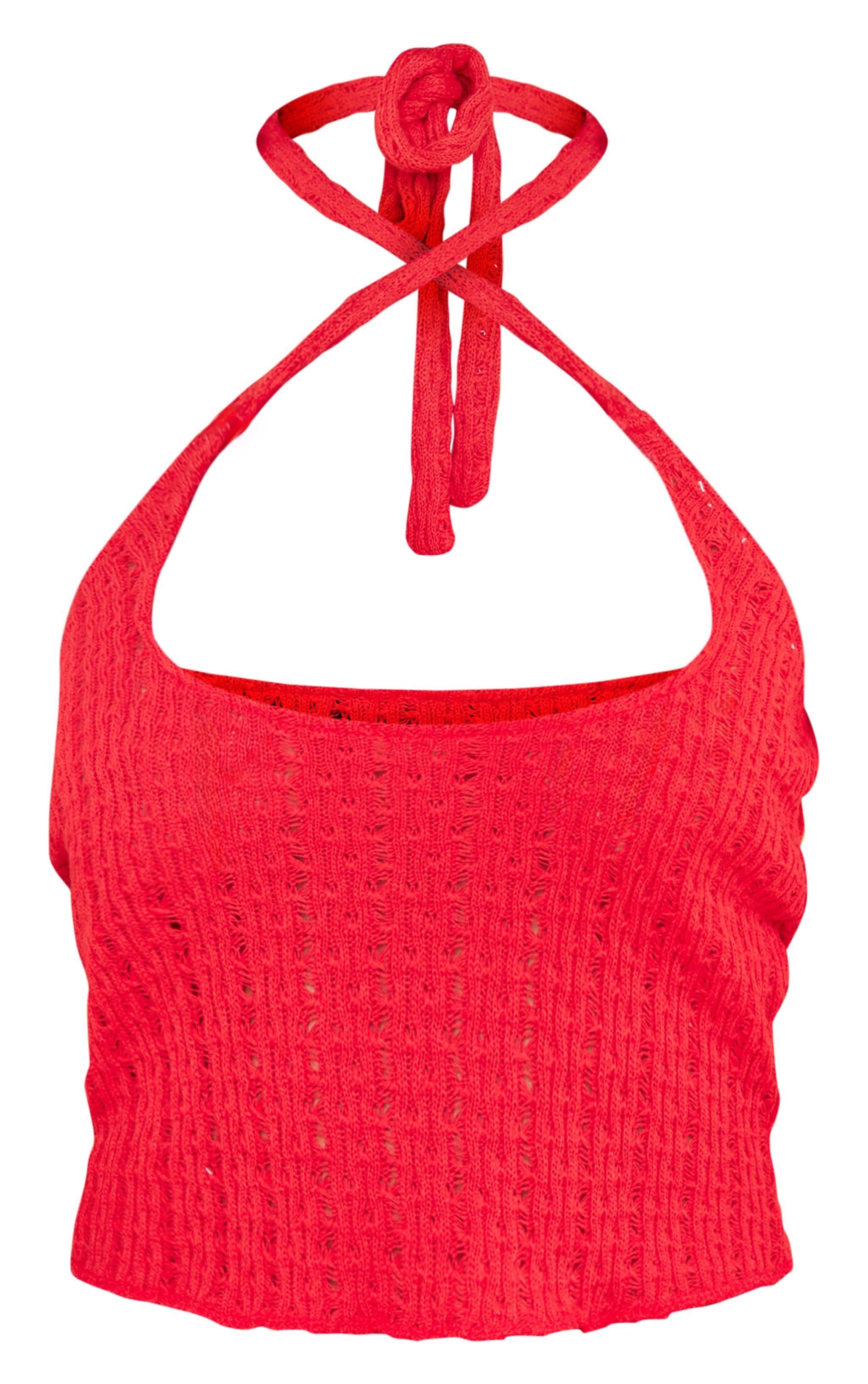 Red Knit Look Cut Out Halter Crop Top Product Image