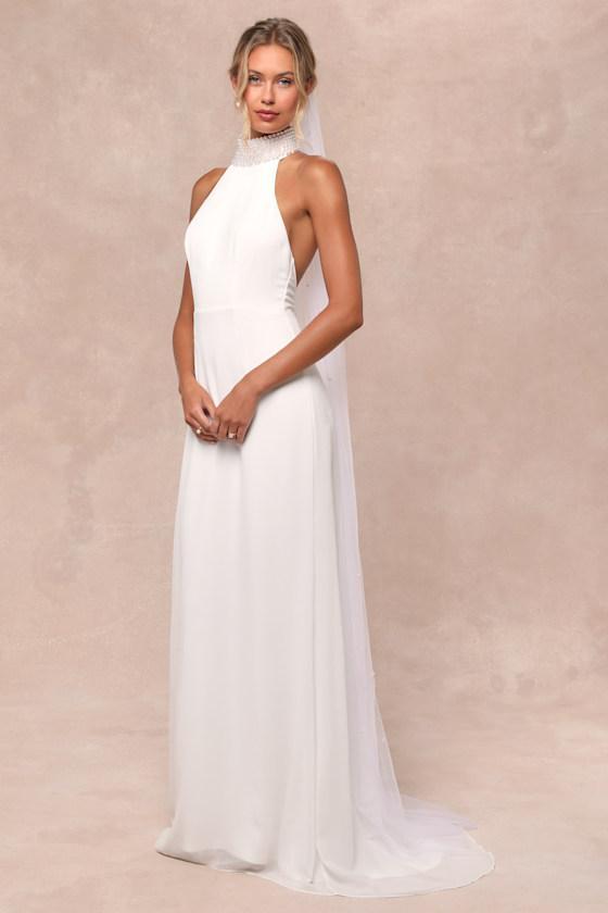 Extraordinary Moment White Pearl Mock Neck Maxi Dress Product Image