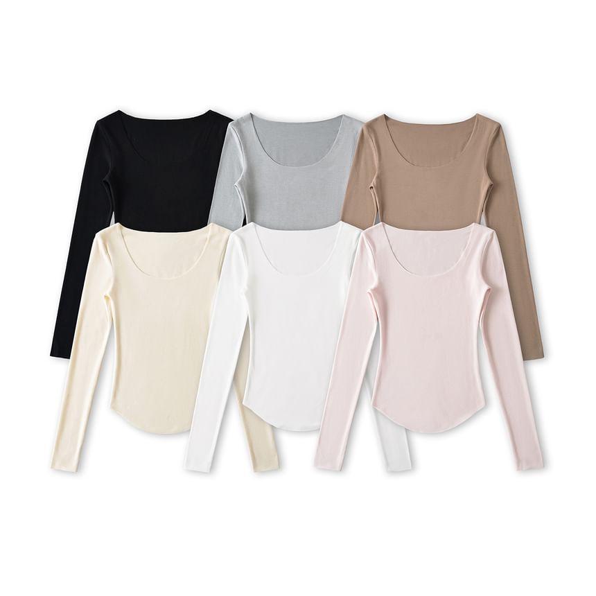 Long-Sleeve Scoop Neck Plain Asymmetrical T-Shirt Product Image