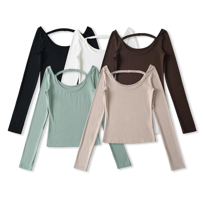 Long Sleeve Cold Shoulder Scoop Neck Plain Ribbed Tee Product Image