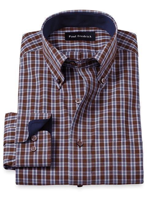 Non-Iron Cotton Plaid Dress Shirt With Contrast Trim - Brown/blue Product Image