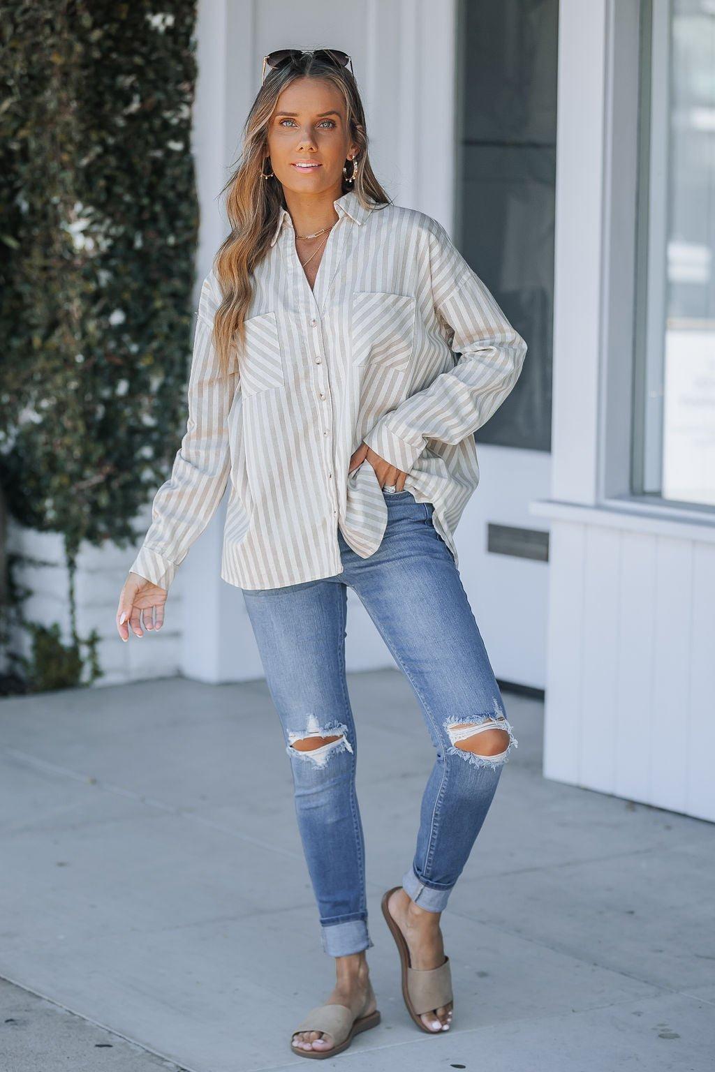 Grey and White Striped Button Down Shirt Product Image