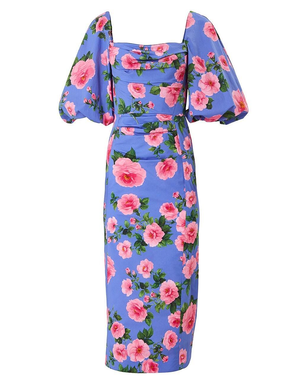 Womens Floral Stretch-Cotton Balloon-Sleeve Midi-Dress Product Image