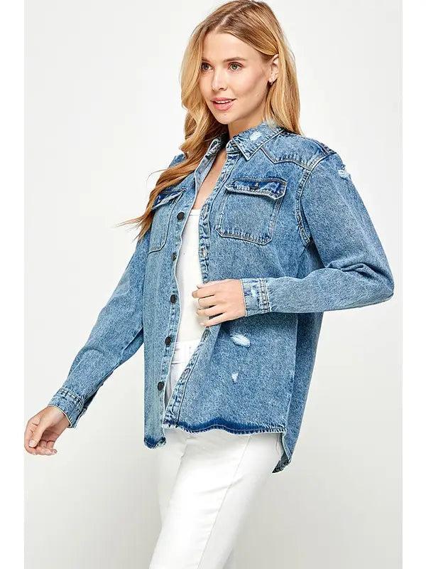 Women's Distressed Denim Wash Jacket Product Image