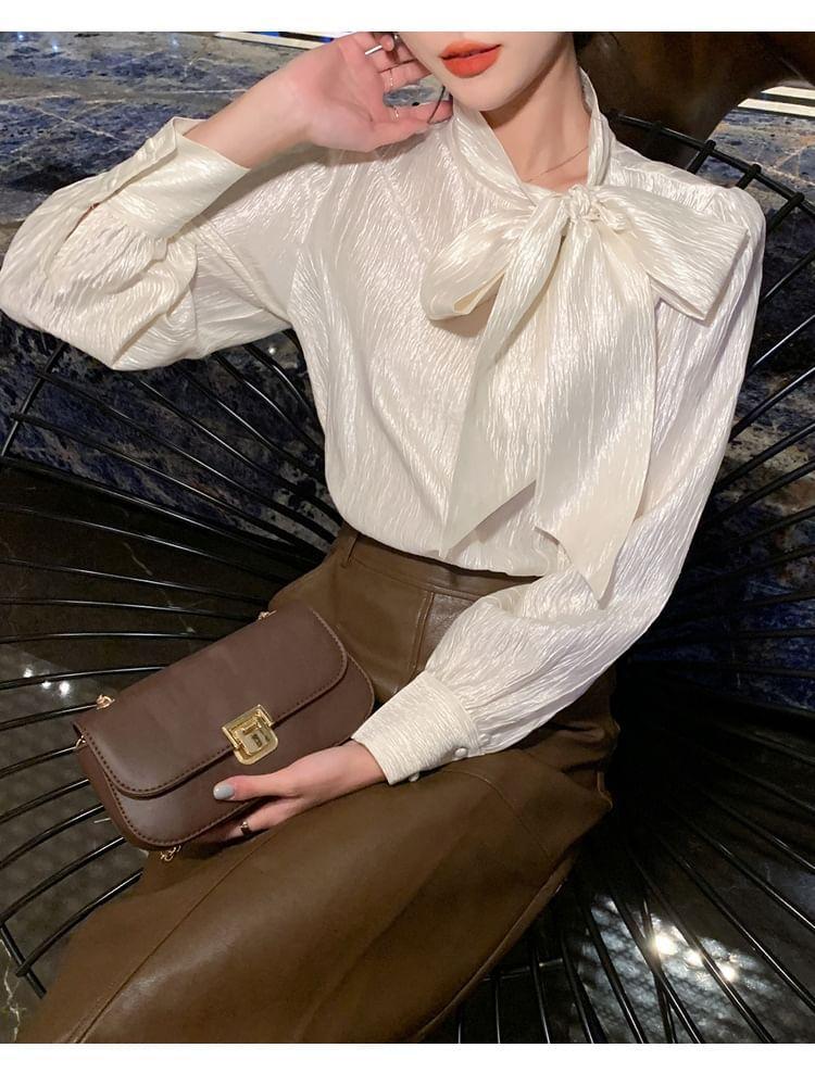 Long-Sleeve Tie-Neck Plain Blouse Product Image