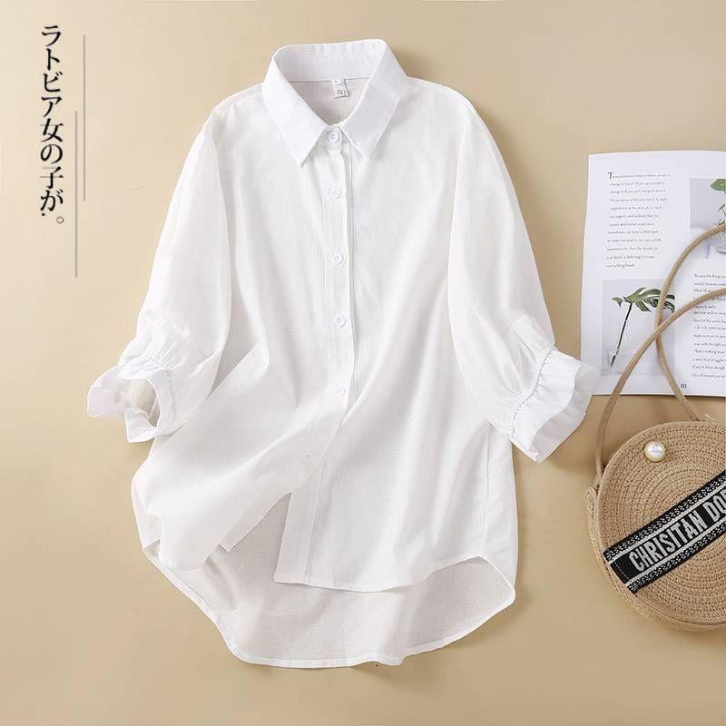 3/4-Sleeve Plain Frill Trim Shirt Product Image