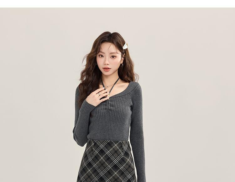 Long-Sleeve Halter Neck Plain Knit Top / High Rise Plaid Mini Skirt Product Image