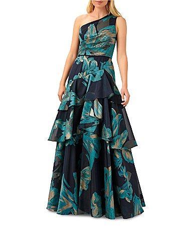 Aidan Mattox Metallic Floral Print  Jacquard One Shoulder Tiered Ruffle A Product Image