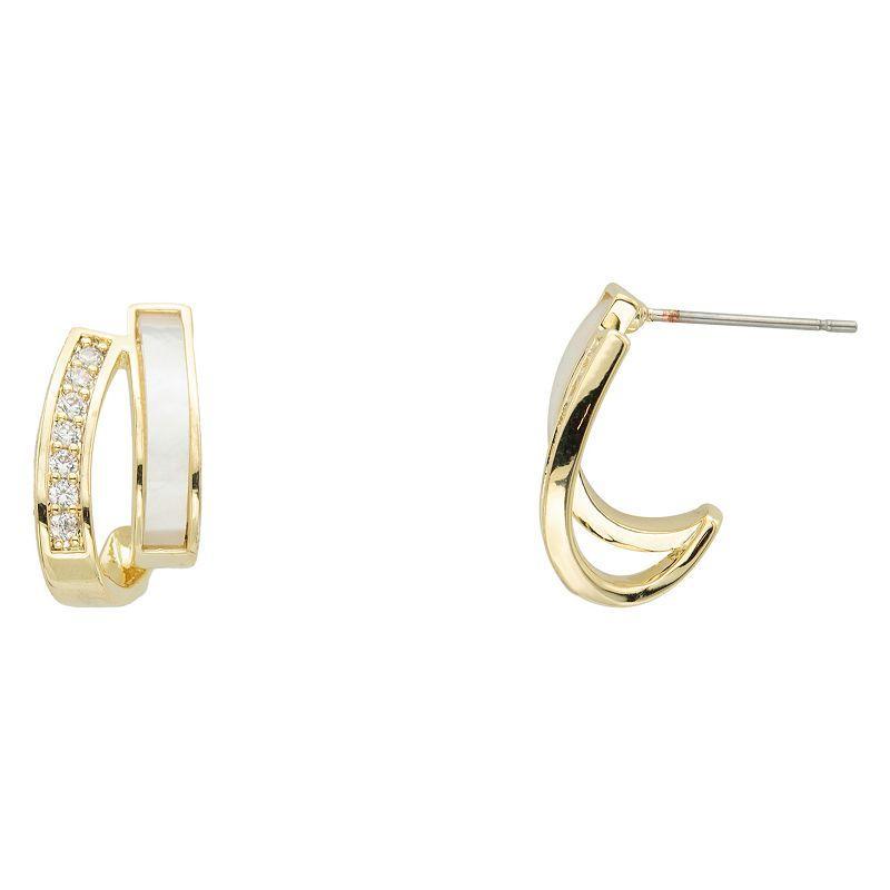 City Luxe Gold Tone Mother-of-Pearl & Cubic Zirconia J Hoop Earrings, Womens, Gold Tone Mop Product Image