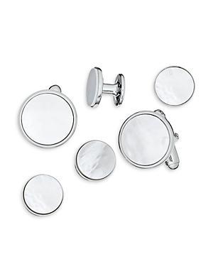 Mens Rhodium-Plated Brass & Mother-of-Pearl 6-Piece Stud & Cuff Links Set Product Image