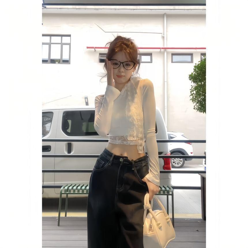 Long-Sleeve Asymmetrical Neck Cold-Shoulder Plain Lace Panel Crop Slim Fit Tee Product Image