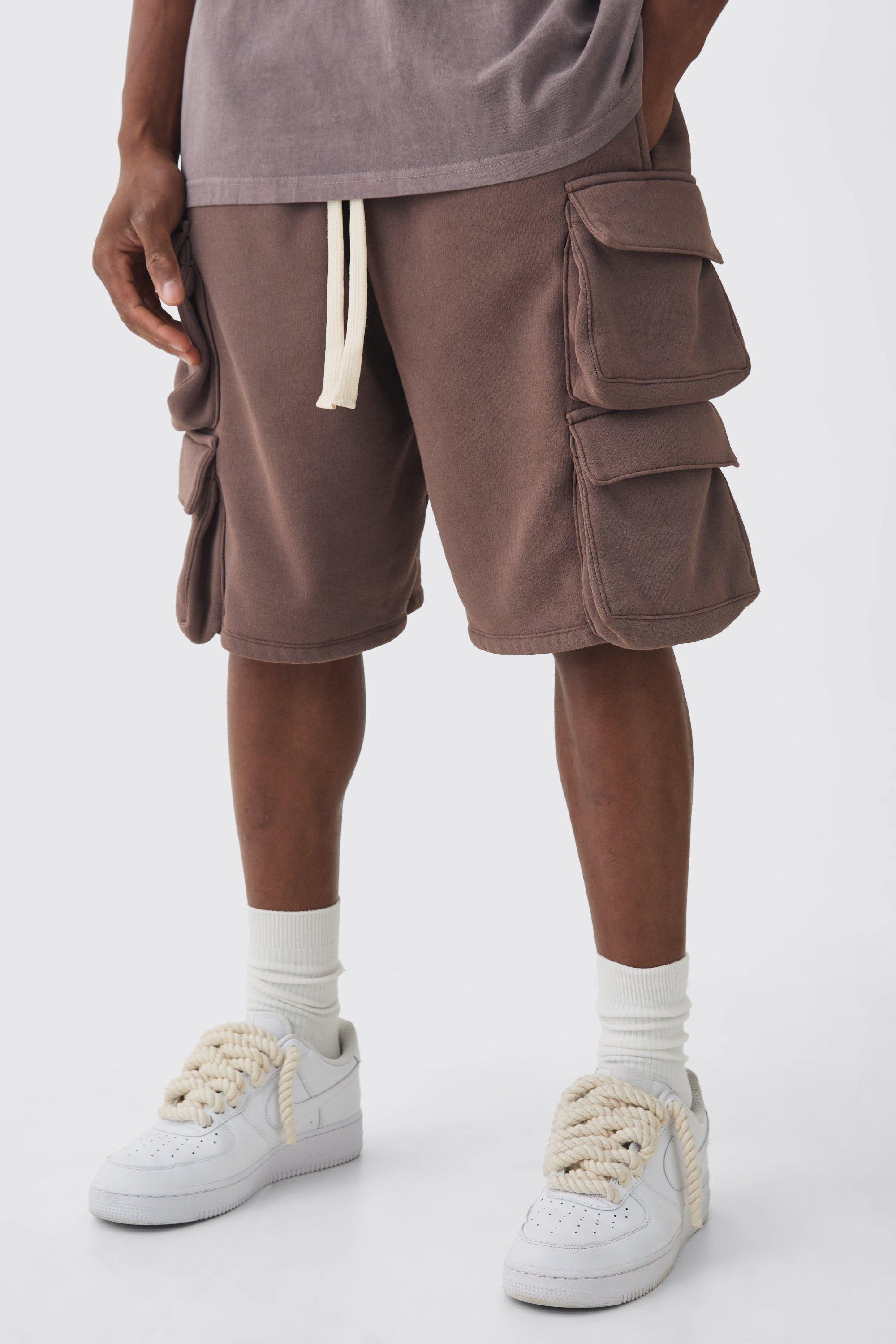 Mens Brown Relaxed Double Cargo Pocket Long Length Washed Shorts, Brown Product Image