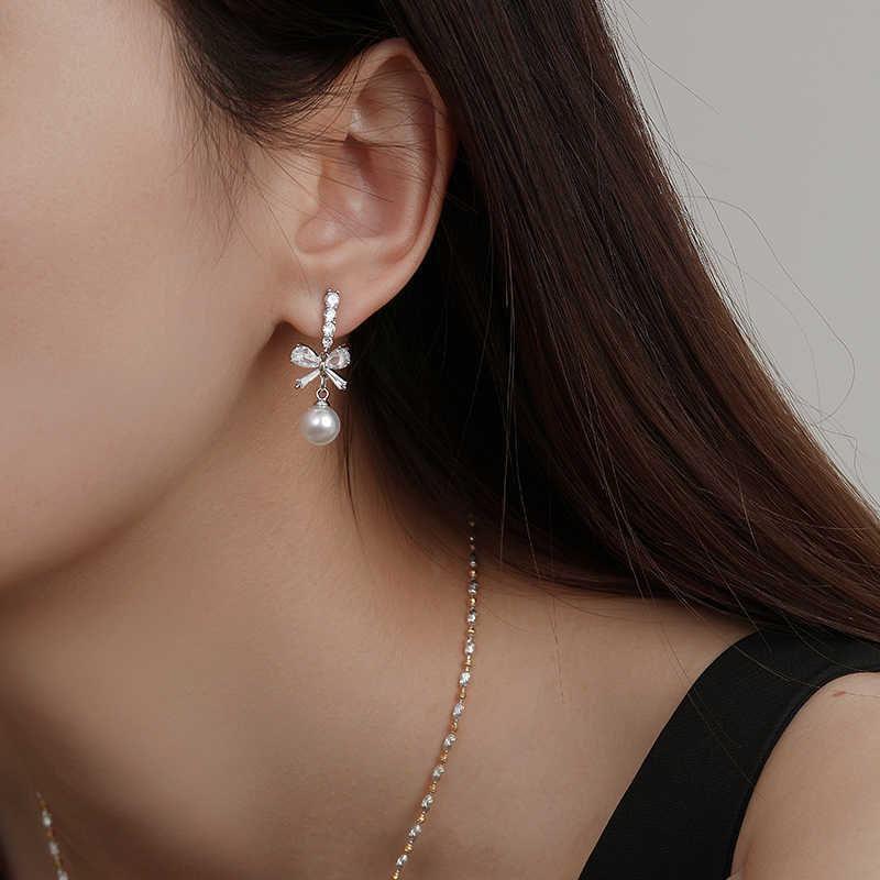 925 Sterling Silver Bow Faux Pearl Drop Earring Product Image