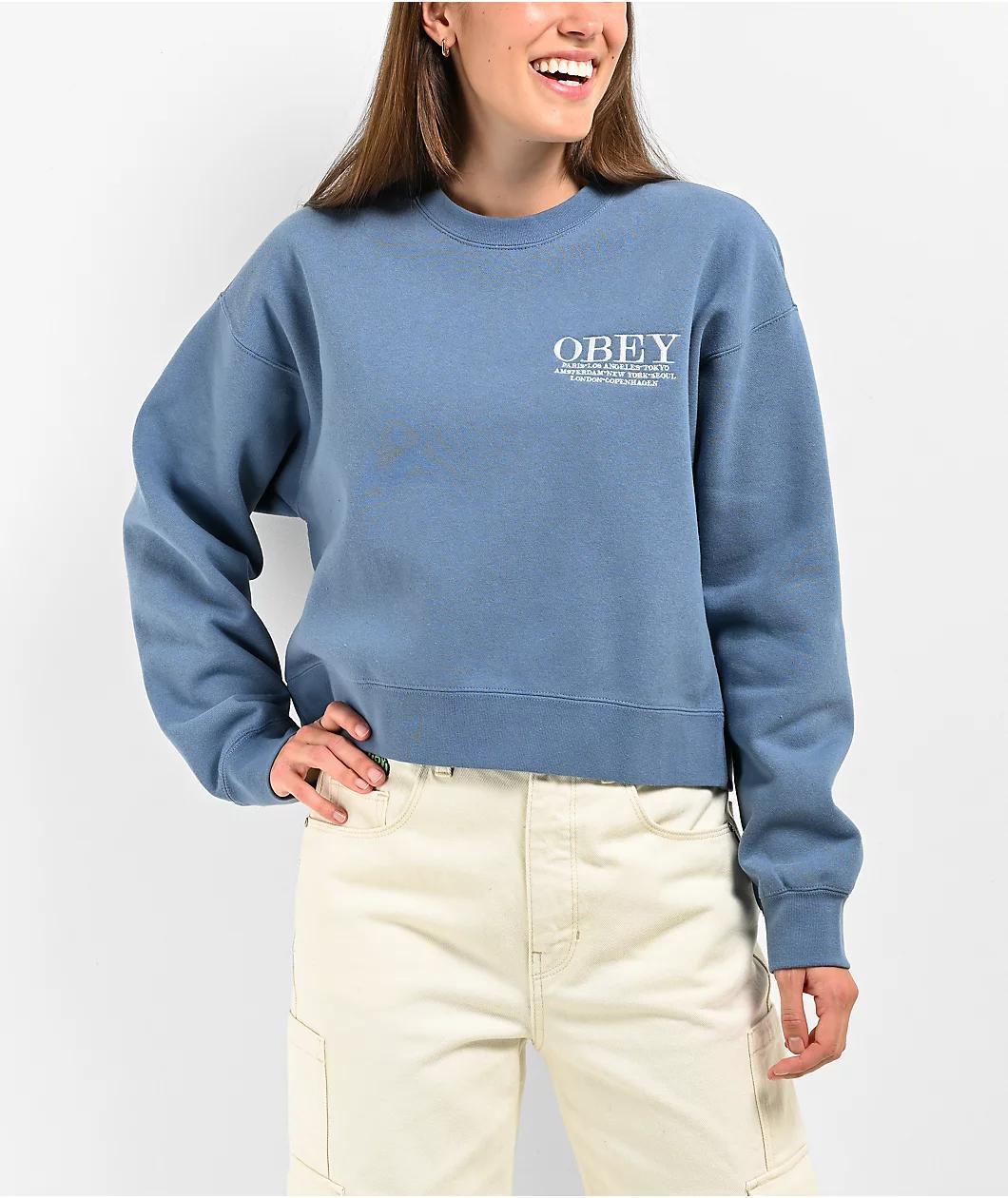 Obey Cities Coronet Blue Crop Crewneck Sweatshirt Product Image