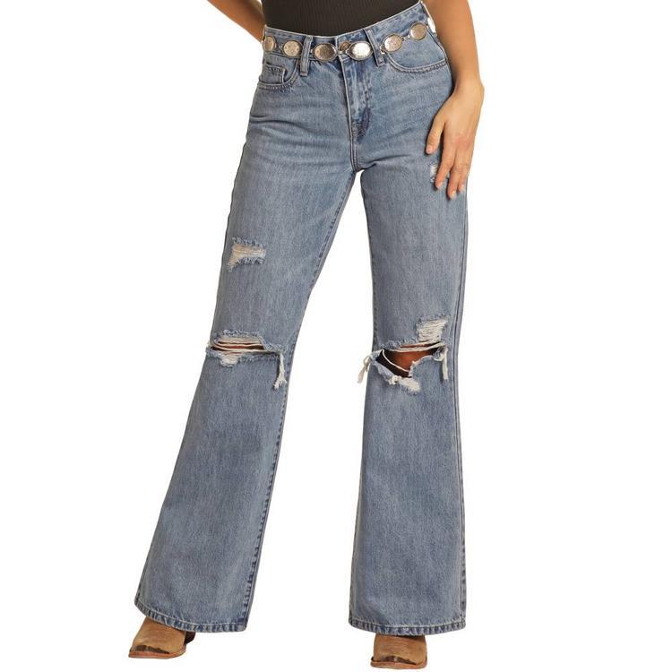 Rock & Roll Denim® Ladies' Light Vintage Wash Distressed Wide Leg Jeans Product Image