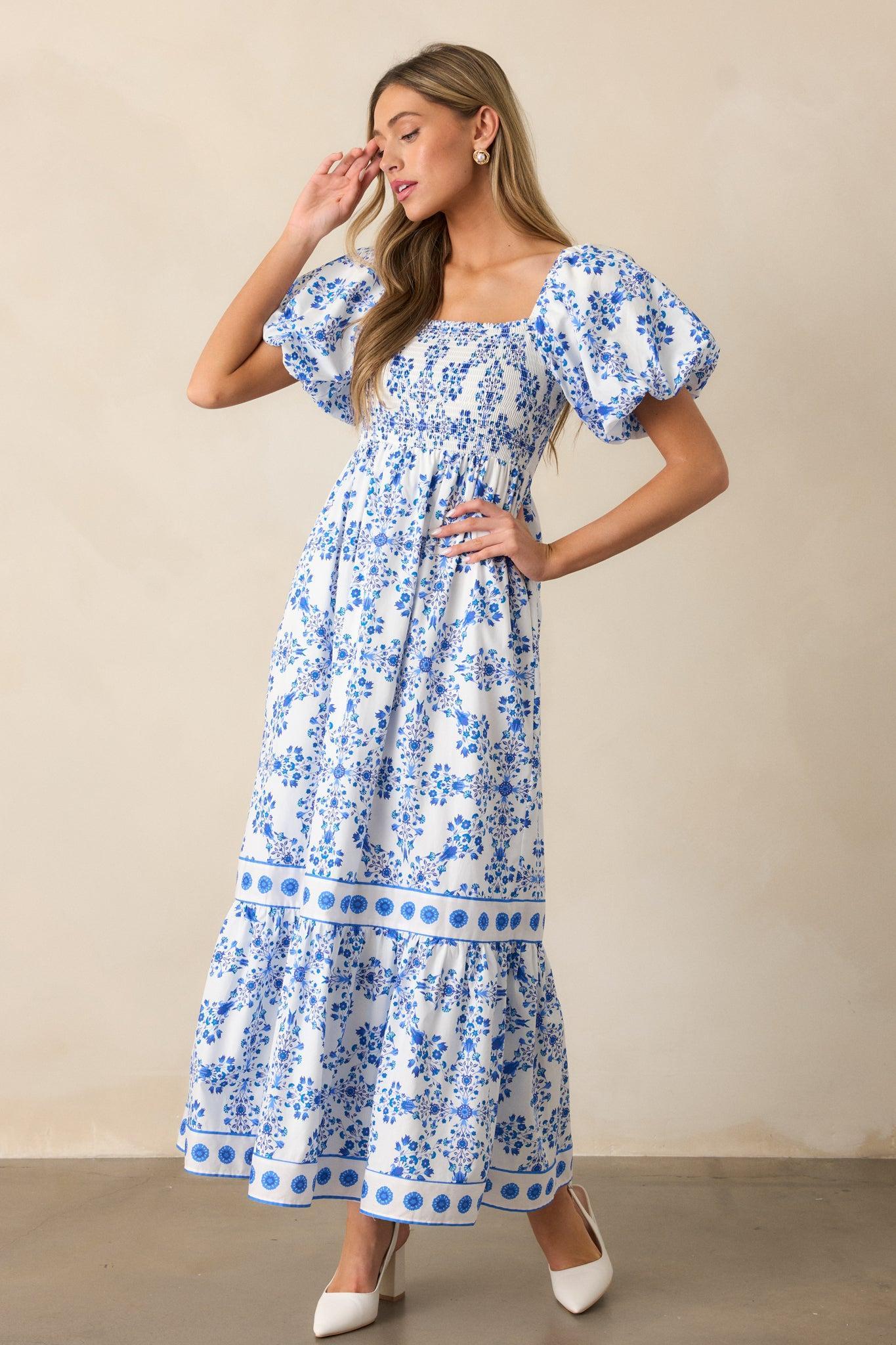 Rosewater Skies Cotton Royal Blue Floral Maxi Dress Product Image