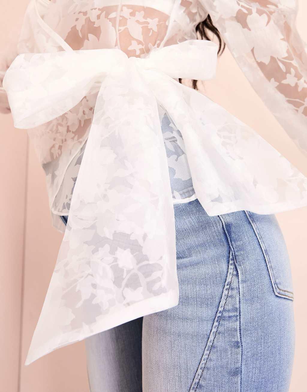 ASOS LUXE sheer organza floral wrap blouse with tie detail Product Image