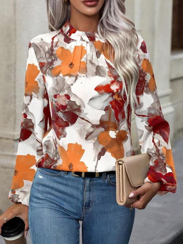 Long Sleeves Loose Elasticity Flower Print Pleated Mock Neck Blouses&Shirts Tops Product Image