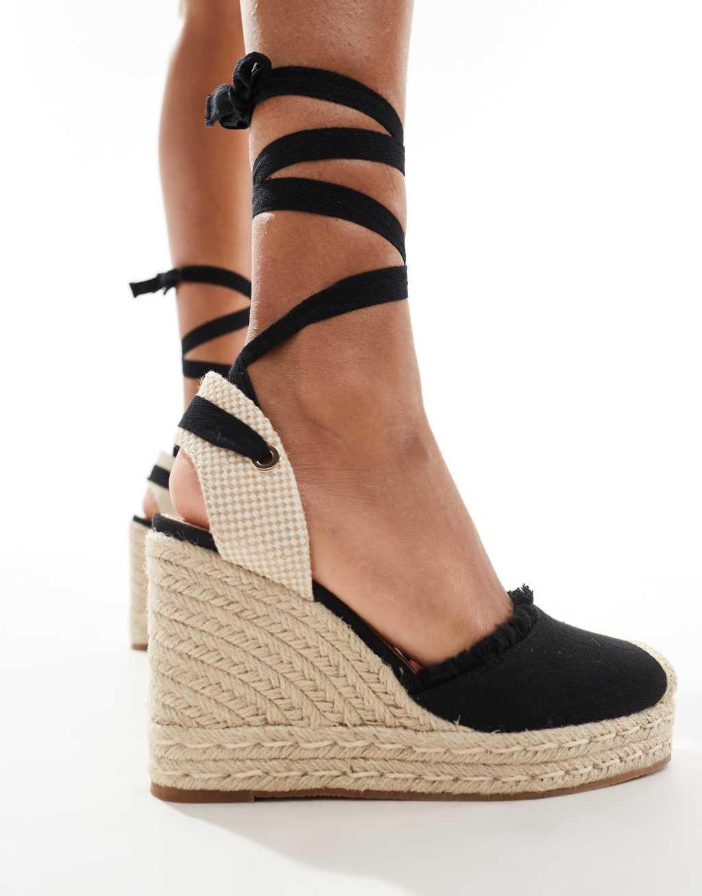 Truffle Collection wide fit jute wedge strappy espadrilles in black Product Image