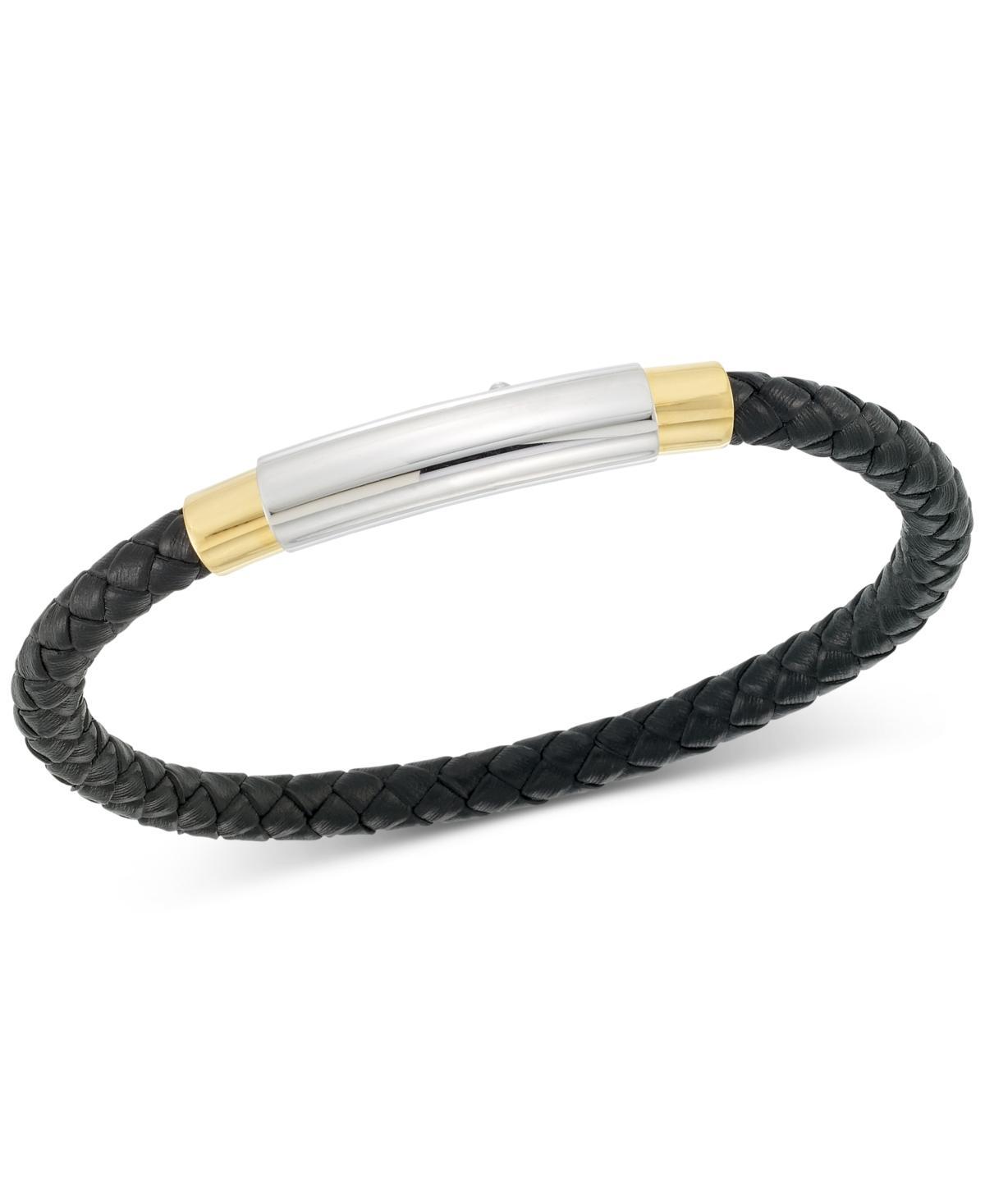 Legacy for Men by Simone I. Smith Two-Tone Woven Black Leather Bracelet in Stainless Steel & Yellow Ion-Plate Product Image