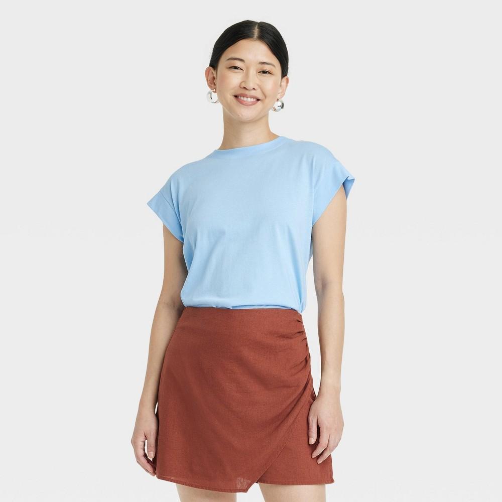 Womens Short Sleeve Extended Shoulder T-Shirt - A New Day Light Blue M Product Image