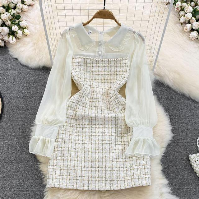 Puff-Sleeve Collar Plaid Mini Sheath Dress Product Image